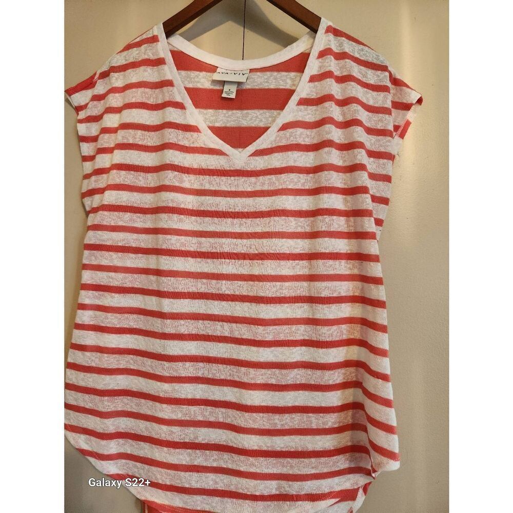 E24 AVA & VIV women's orange & white striped v neck short sleeved casual t shirt